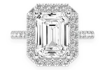 Thav - 3.00ct Emerald Solitaire - Scallop Halo One Row - Diamond Engagement Ring - All Natural Vs Diamonds