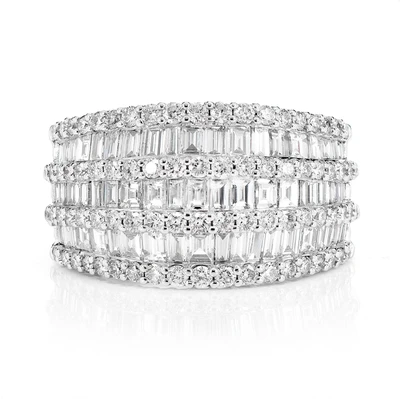Tapered Three Row Baguette And Round Diamond Ring 14k Solid Gold 2.35ctw 