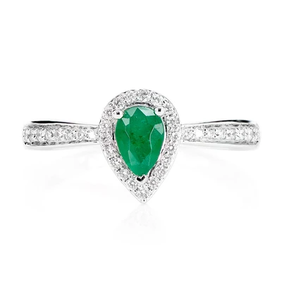 Pear Emerald Gemstone And Diamond Halo Ring 14k Solid Gold 0.50ctw