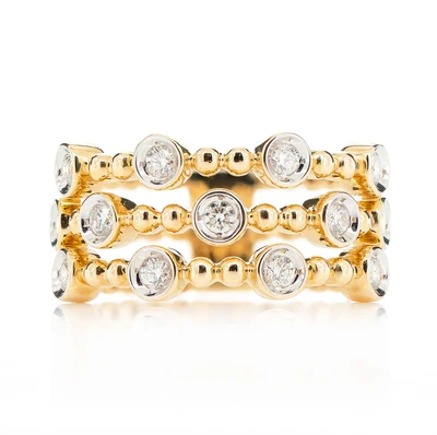 Four Row Scattered Beaded Bezel Diamond Band Ring 14k Solid Gold 0.35ctw 