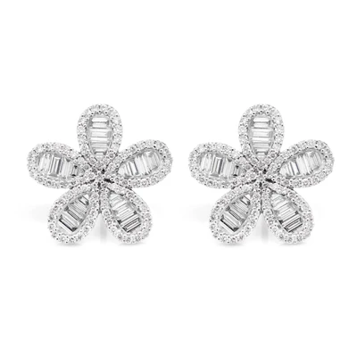 Baguette And Round Border Flower Stud Earring 14k Solid Gold 1.45ctw