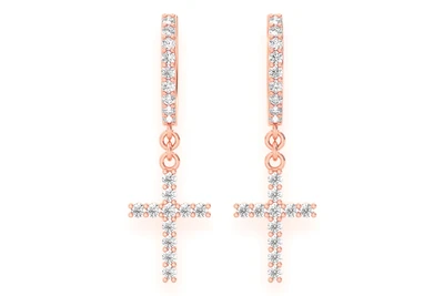 Cross Dangling Hoop Diamond Earrings 14k Solid Gold 0.40ctw