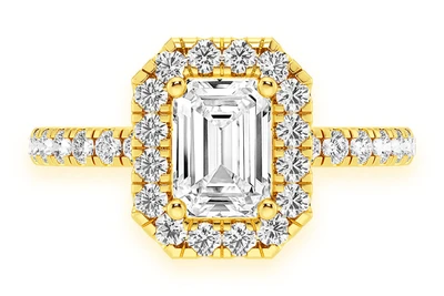 Emerald Solitaire Scallop Halo One Row Ring 14k   