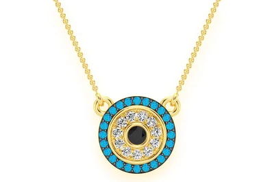 Round Evil Eye Diamond Necklace Connected 14k Solid Gold 0.25ctw