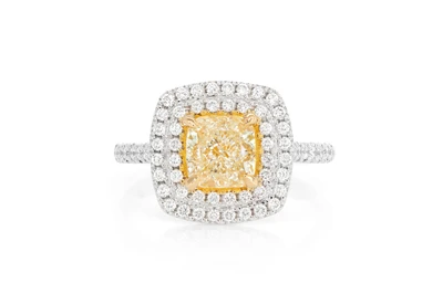 2.00ct Cushion Fancy Yellow Diamond Double Halo Diamond Ring 14k Solid Gold 