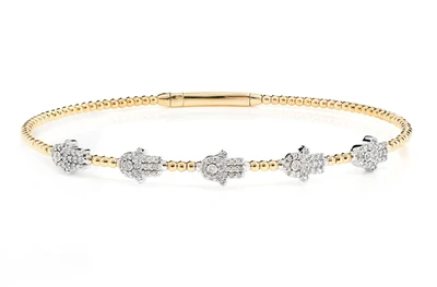 Beaded Diamond Hamsa Flex Bangle Bracelet 14k Solid Gold 0.30ctw 