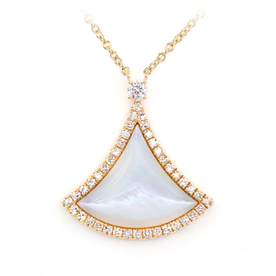 Curved Mother Of Pearl Triangleand Diamond Pendant Attached Necklace 14k Solid Gold 3.00ctw