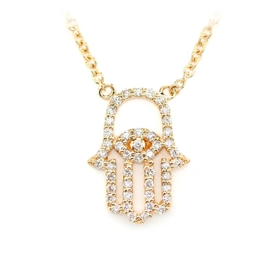 Diamond Hamsa Necklace Attached Pendant 14k Solid Gold 0.22ctw