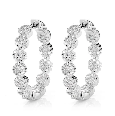 Diamond Flower Inside Outside Hoop Earrings 14k Solid Gold 2.00ctw