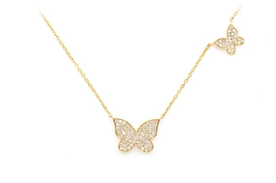 Double Butterfly Diamond Necklace Attached 14k Solid Gold 0.37ctw