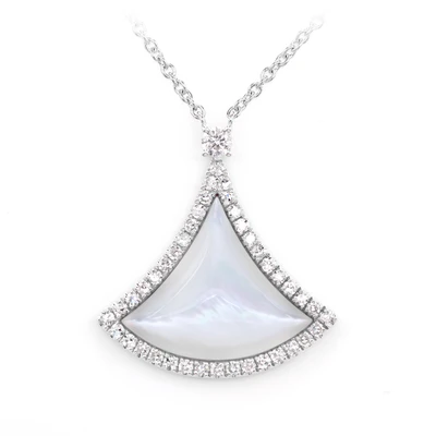 Curved Mother Of Pearl Triangleand Diamond Pendant Attached Necklace 14k Solid Gold 3.00ctw