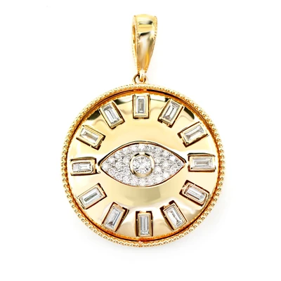 Evil Eye Baguette Diamond Medallion Pendant 14k Solid Gold 0.80ctw 
