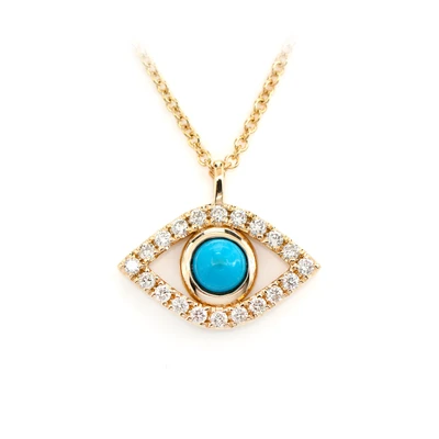 Turquoise And Diamond Evil Eye Pendant Attached Necklace 14k Solid Gold 0.25ctw