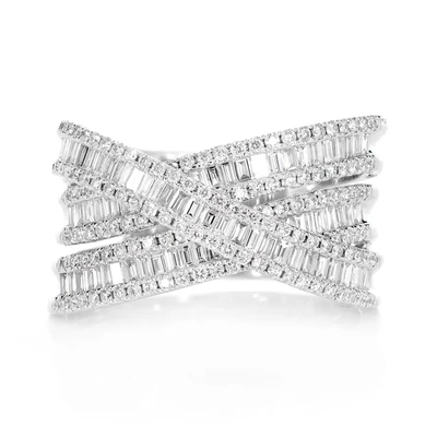 Three Row Baguette And Round Diamond Twist Ring 14k Solid Gold 1.25ctw