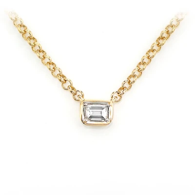 Baguette Bezel Solitaire Pendant Attached Necklace 14k Solid Gold 0.09ctw 