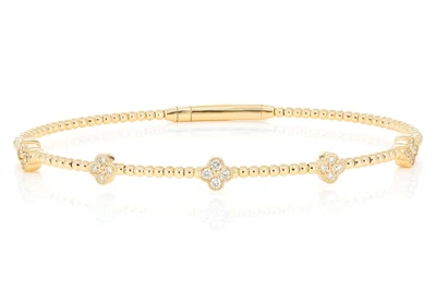 Beaded And Diamond Clover Milgrain Flex Bangle Bracelet 0.33ctw 14k Solid Gold 