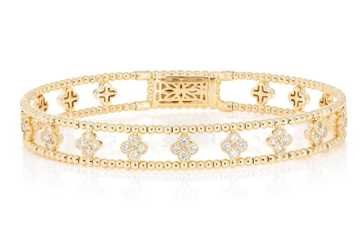 Diamond Beaded Open Clover Flex Bangle Bracelet 0.90ctw 14k Solid Gold 