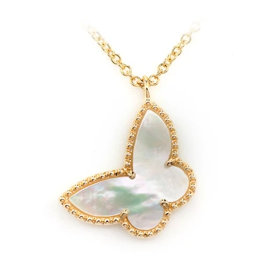 Mother Of Pearl Butterfly Pendant Attached Necklace 14k Solid Gold 