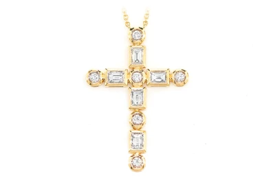 Baguette And Round Diamond Cross Pendant Necklace Attached14k Solid Gold 0.75ctw