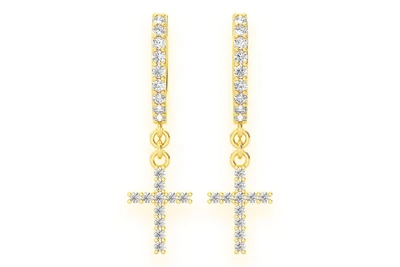 Cross Dangling Hoop Diamond Earrings 14k Solid Gold 0.20ctw