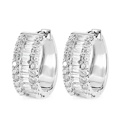 Diamond Baguette And Round Hoop Earrings 14k Solid Gold 2.80ctw