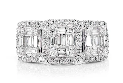 Baguette And Round Diamond Three Stone Cluster Ring 14k Solid Gold 1.00ctw