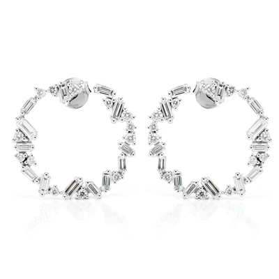Jagged Round And Baguette Diamond Hoop Earrings 14k Solid Gold 2.30ctw 