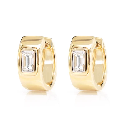 Diamond Solitaire Baguette Framed Huggie Earrings 14k Solid Gold 0.38ctw