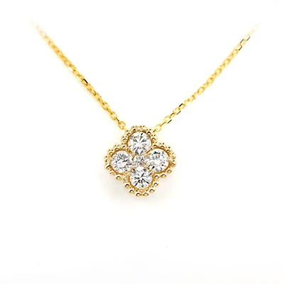 Beaded Border Diamond Clover Necklace Attached 14k Solid Gold 0.40ctw