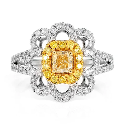 Eight Petal Yellow And White Diamond Flower Ring 14k Solid Gold 1.25ctw