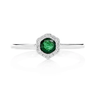 Emerald And Diamond Hexagon Halo Ring 14k Solid Gold 0.25ctw