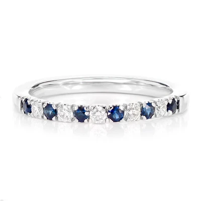 Single Row Sapphire And Diamond Band Ring 14k Solid Gold 0.38ctw