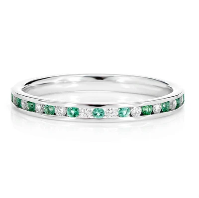 Emerald And Diamond Channel Set Band Ring 14k Solid Gold 0.25ctw