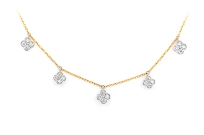 Five Station Milgrain Clover Diamond Dangle Necklace 14k Solid Gold 0.35ctw