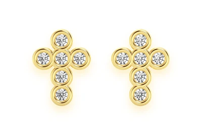 Mini Cross Earrings Bezel Set Diamonds 14k Solid Gold 0.12ctw