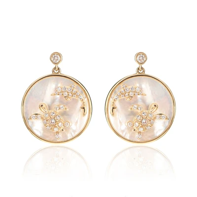 Mother Of Pearl And Diamond Sea Turtle Dolphin Earrings 14k Solid Gold 5.40ctw