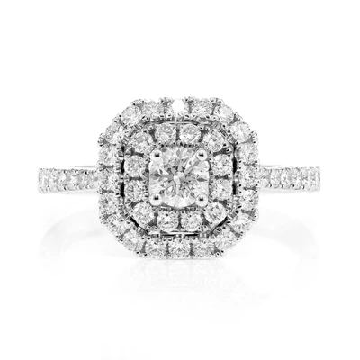 Geometric Double Halo Split Shank Diamond Ring 14k Solid Gold 0.95ctw