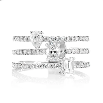 Three Row Multi Shape Diamond Open Ring 14k Solid Gold 