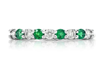 Green Emeralds & Diamond Band Ring 14k Solid Gold 0.65ctw