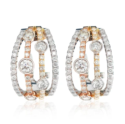 Tri Tone Four Row Scattered Bezel Diamond Hoop Earrings 14k Solid Gold 2.50ctw
