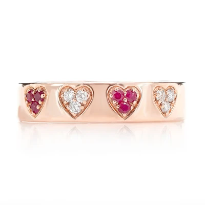 Ruby And Diamond Cluster Heart Band Ring 14k Solid Gold 0.12ctw