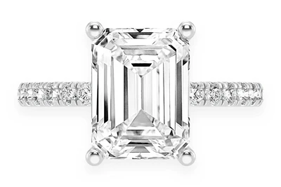 Thinn - 3.00ct Emerald Solitaire - One Row Under Halo - Diamond Engagement Ring - All Natural Vs Diamonds