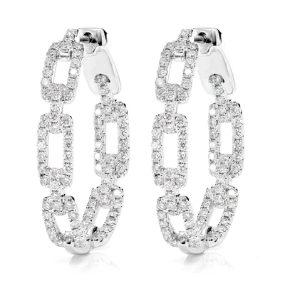 Diamond Rectangular Link Hoop Earrings 14k Solid Gold 1.80ctw