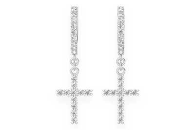 Cross Dangling Hoop Diamond Earrings 14k Solid Gold 0.40ctw