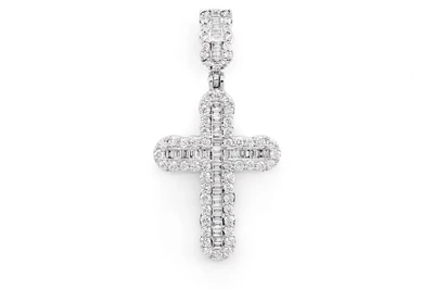 Round And Baguette Diamond Cross Pendant 14k Solid Gold 0.66ctw