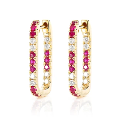 Ruby And Diamond Rectangle Huggie Hoop Earrings 14k Solid Gold 0.80ctw