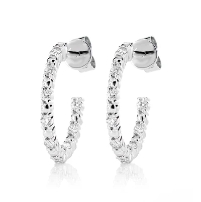 Bead And Round Diamond Inside Out Hoops 14k Solid Gold 0.45ctw