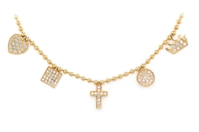 Five Station Diamond Charm Dangle Station Bead Chain Necklace 14k Solid Gold 0.50ctw