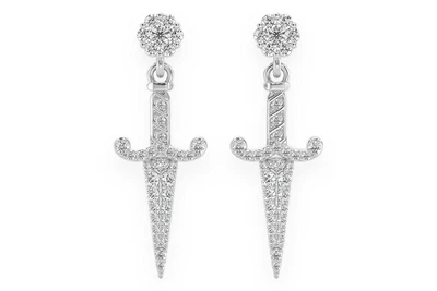 Ancient Sword Dangling Diamond Earrings 14k Solid Gold 0.70ctw
