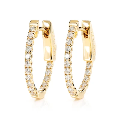 Diamond Inside Outside Quick Release Huggie Hoop Earrings 14k Solid Gold 0.50ctw
